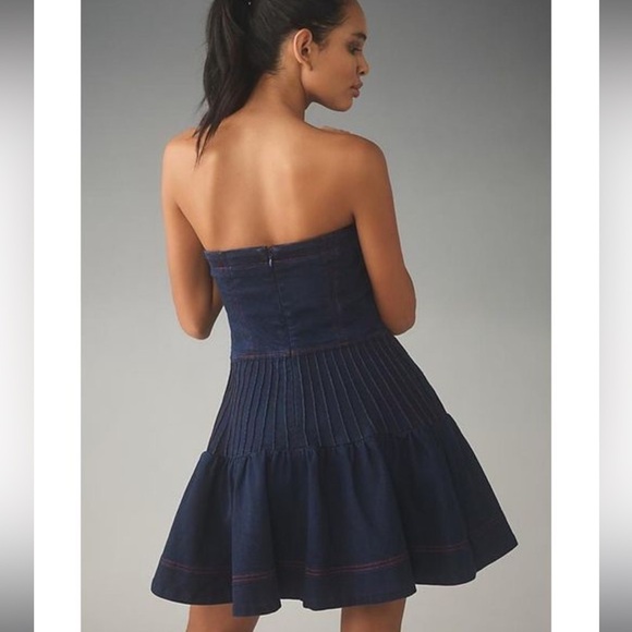 ANTHROPOLOGIE Maeve Rosette Strapless Fit & Flare Denim Mini Dress 4 - Picture 3 of 8